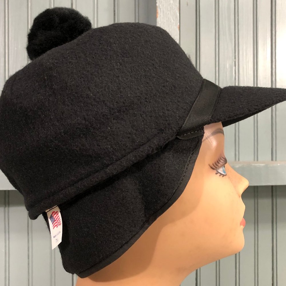 Vintage Black Fleece 6 7/8 USA Fleece Pom Winter Ski Hat Langenberg Made USA